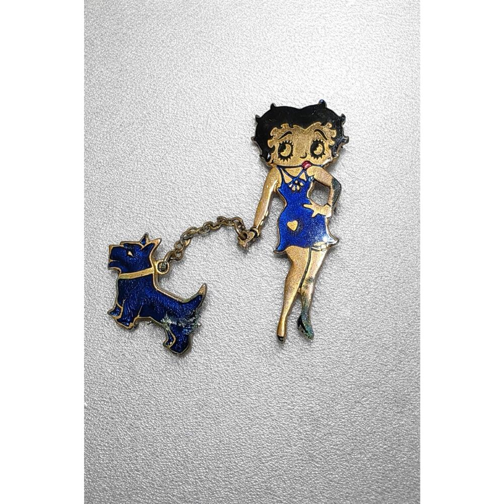 Vintage Betty Boop Pudgy Articulated Dangle Brooch Pin Blue Enamel Gold Tone
